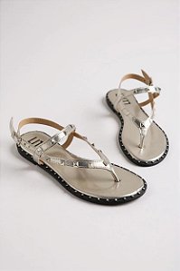 Sandália Feminina Littz Rasteira Tira Com Spikes E Fivela Prata Esp/Prata