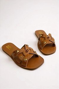 Sandalia Rasteira Feminina Littz Com Esferas Calce Facil Calf Ambar/Caramelo/Ouro Fosco