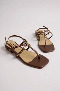 Tamanco Feminino Littz Com Salto Baixo E Fivela Calf Trufa/Ouro Fosco