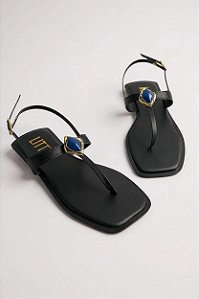 Sandalia Rasteira Feminino Littz Com Fivela E Pedraria   Preto/Turquesa/Ouro