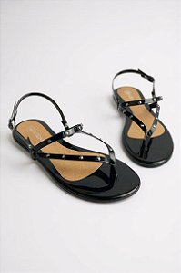 Sandalia Rasteira Addan Tiras Com Taxinhas  Preto Verniz