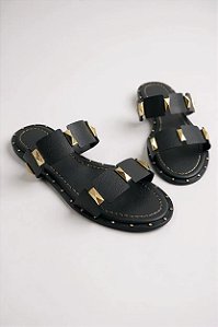 Sandalia Rasteira Calce Facil Tira Com Tachas Piramide Preto