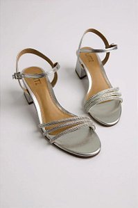 Sandalia Littz Com Salto Geometrico Metalizada Tira Com Strass Prata