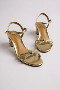 Sandalia Littz Metalizada Salto Geometrico Tira Com Strass Ouro Light