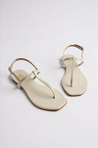 Sandália Rasteira Anna Flor Com Design Minimalista E Conforto Exclusivo Off White Verniz