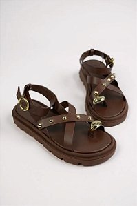 Sandália Rasteira Moleca Com Detalhes Dourados Confortável E Estilosa Chocolate