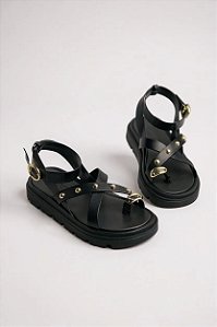 Sandália Rasteira Moleca Com Detalhes Dourados Confortável E Estilosa Preto