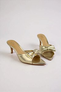 Tamanco Littz Em Verniz Com Salto Médio E Laço Decorativo Elegante Ouro Light