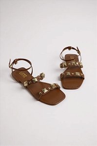 Sandália Rasteira Littz Com Tachas Douradas - Conforto E Estilo Caramelo