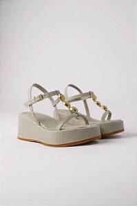 Sandalia Anabela Plataforma Tira Com Adorno Off White Linho