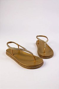 Sandália Rasteira Feminina Com Tiras E Solado Brilhantes   Cobre