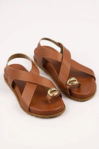 Sandália Feminina Littz Cruzada Com Detalhes Metalizados  Caramelo