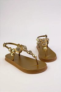 Sandália Rasteira Littz Com Detalhes Metalizadas  Bronze