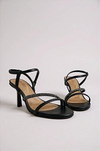 Sandália Feminina Beira Rio De Tiras Finas E Com Strass Em Salto Fino Preto/Grafite