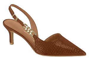Scarpin Vizzano Bico Fino Com Detalhe De Corrente E Salto Médio Marrom
