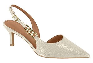 Scarpin Vizzano Bico Fino Com Detalhe De Corrente E Salto Médio Branco Off