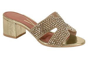 Tamanco Feminina Vizano Com Salto Bloco E Aplicações Brilhantes Bege/Dourado