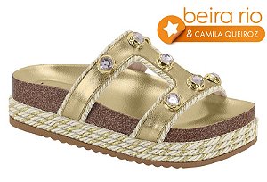 Birken Beira Rio Feminina Plataforma Com Pedrarias Dourado