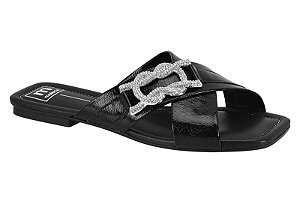 Sandalia Rasteira Feminina Com Tiras Cruzadas E Fivela Brilhante Preto