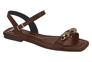Sandália Rasteira Feminina Moleca Com Fivela E Detalhe Metálico Chocolate
