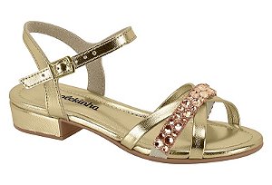 Sandália Infantil Com Pedrarias E Salto Baixo Dourado