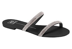 Sandália Rasteira Moleca Metalizada De Tiras Duplas Cristal/Preto
