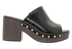 Tamanco Feminino Moleca Com Salto Grosso E Detalhes Em Dourado Preto