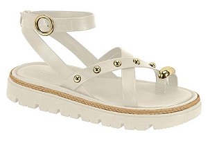 Sandália Rasteira Moleca Feminina Com Tiras E Detalhes Dourados Branco Off