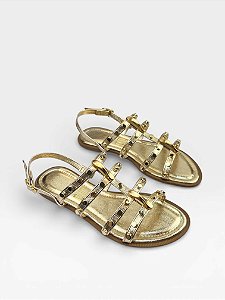 Rasteira Af Com Tiras Strass E Tachas Dourada