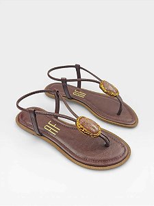 Rasteira Af Marrom Com Pedra Natural E Dourado Cafe