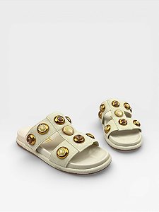 Papete Feminina Com Pedrarias Douradas Off White