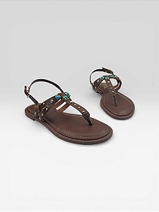 Sandália Rasteira Feminina Com Pedrarias E Tachas Marrom