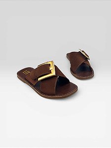Sandália Slide Feminina Com Fivela Decorativa  Marrom
