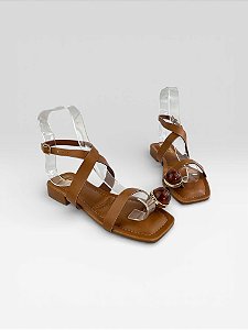 Sandália Feminina Com Tiras E Enfeites Marrom Escuro