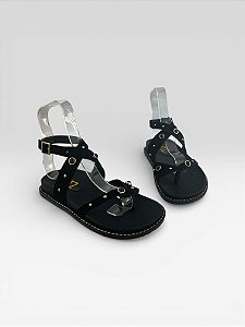 Sandália Rasteira Feminina Com Tiras E Tachas Camurca Preto/Preto