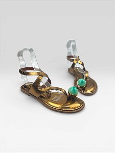 Sandália Rasteira Feminina Metalizada Com Pedra Bronze