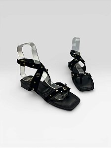 Sandália Rasteira Feminina Com Tiras E Tachas Preto/Preto