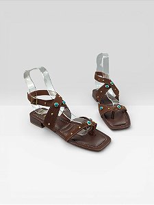 Sandália Rasteira Feminina Com Tiras E Tachas Camurca Terra/Aurora