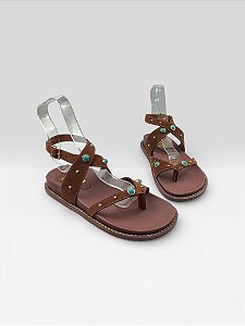 Sandália Rasteira Feminina Com Tiras E Tachas Camurca Marrom