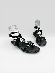 Sandália Rasteira Feminina Com Tachas E Fivela Camurca Preto/Preto
