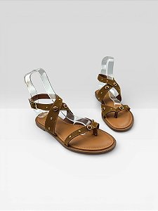 Sandália Rasteira Feminina Com Tachas E Fivela  Camurca Carvalho/Caramelo