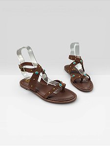 Sandália Rasteira Feminina Com Tachas E Fivela Camurca Terra/Aurora