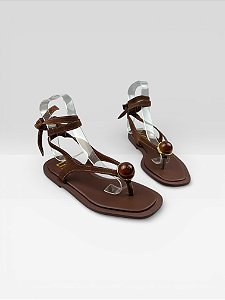Sandália Rasteira Feminina Amarração E Fivela Marrom
