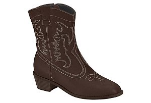 Bota Moleca Country Cano Curto Com Bordado Salto Bloco Cafe