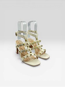 Sandália Feminina De Salto Bloco Com Tiras E Aplicações Off White