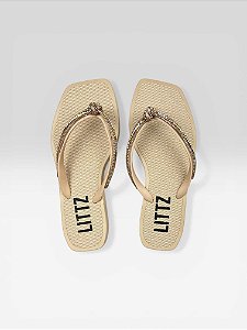 Chinelo Com Bico Quadrado E Pedras Bege/Mt39