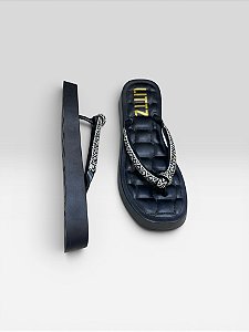 Chinelo Feminino Plataforma Com Aplicações De Strass E Pedrarias Preto