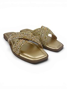 Rasteira Slide Via Uno Com Aplicação De Strass  Cristal/Ouro