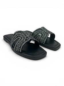 Sandalia Rasteira Slide Via Uno Com Aplicação De Strass   Preto