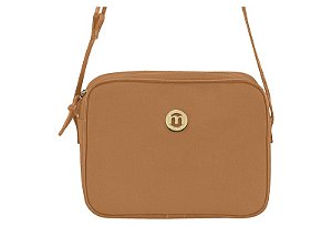 Bolsa Feminina Moleca Transversal Casual Com Design Minimalista E Logo Metalizado Camel